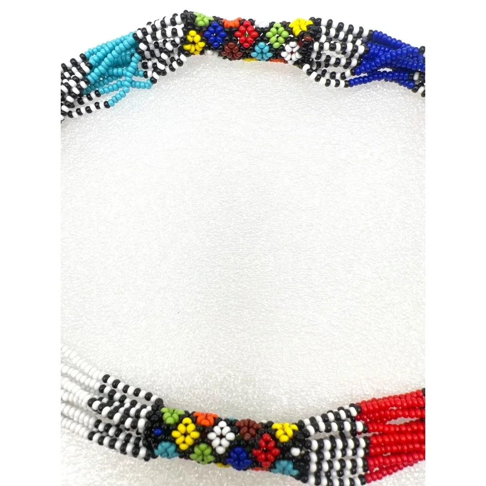 Ethnic Beaded Necklace Floral Geometric Colorful Adjustable Loop Closure Artisan